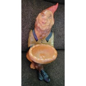 Vintage GARDEN GNOME On Toadstool Holding Flower Mushroom Bowl ENGLAND 74